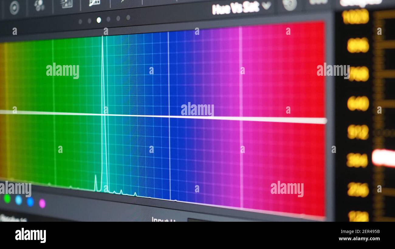 Grafico di classificazione del colore o indicatore di correzione del colore RGB sul monitor durante il processo di post-produzione. Fase di telecine nell'elaborazione della produzione di video o film. f Foto Stock