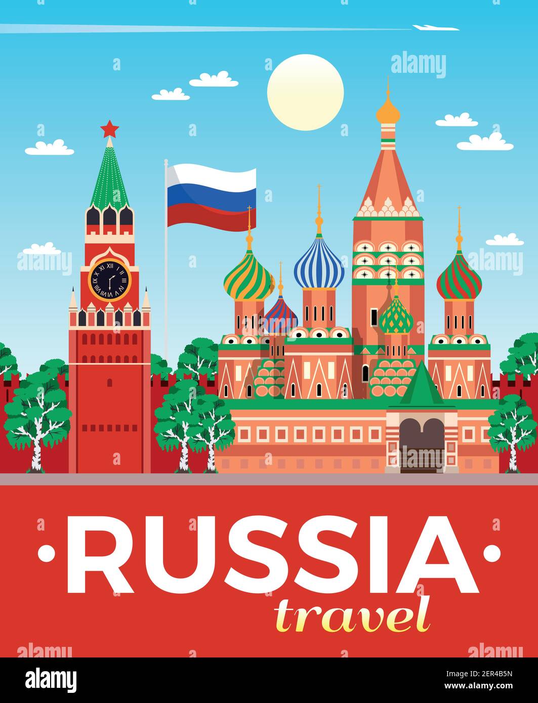 Russia agenzia di viaggi pubblicità flat composizione poster con bandiera nazionale cremlino san basilare cattedrale mosca illustrazione vettoriale Illustrazione Vettoriale