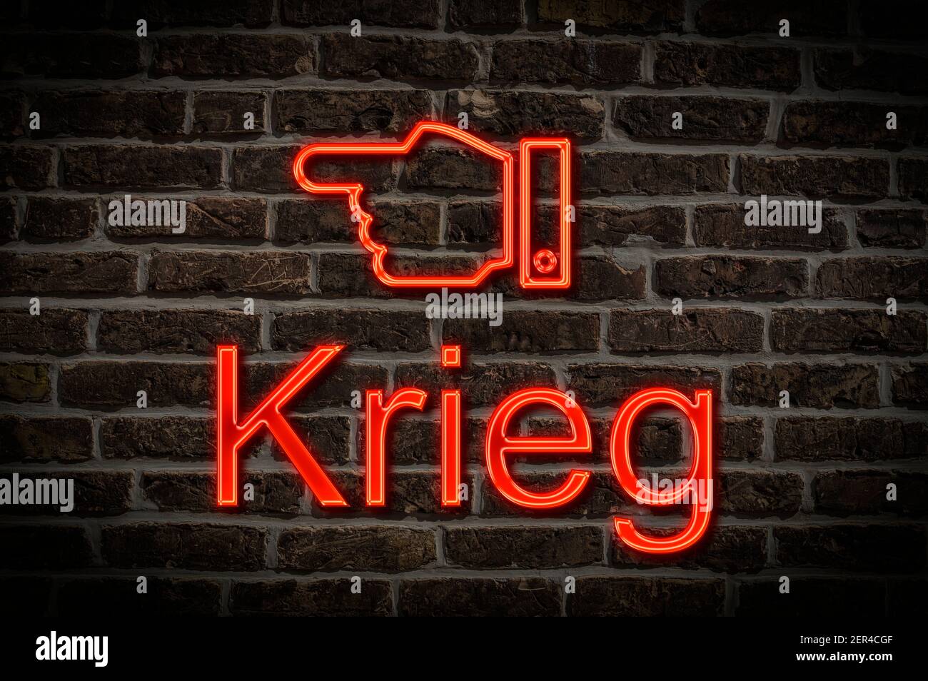 Foto di dettaglio di un cartello al neon su una parete con L'iscrizione Krieg (Guerra) Foto Stock