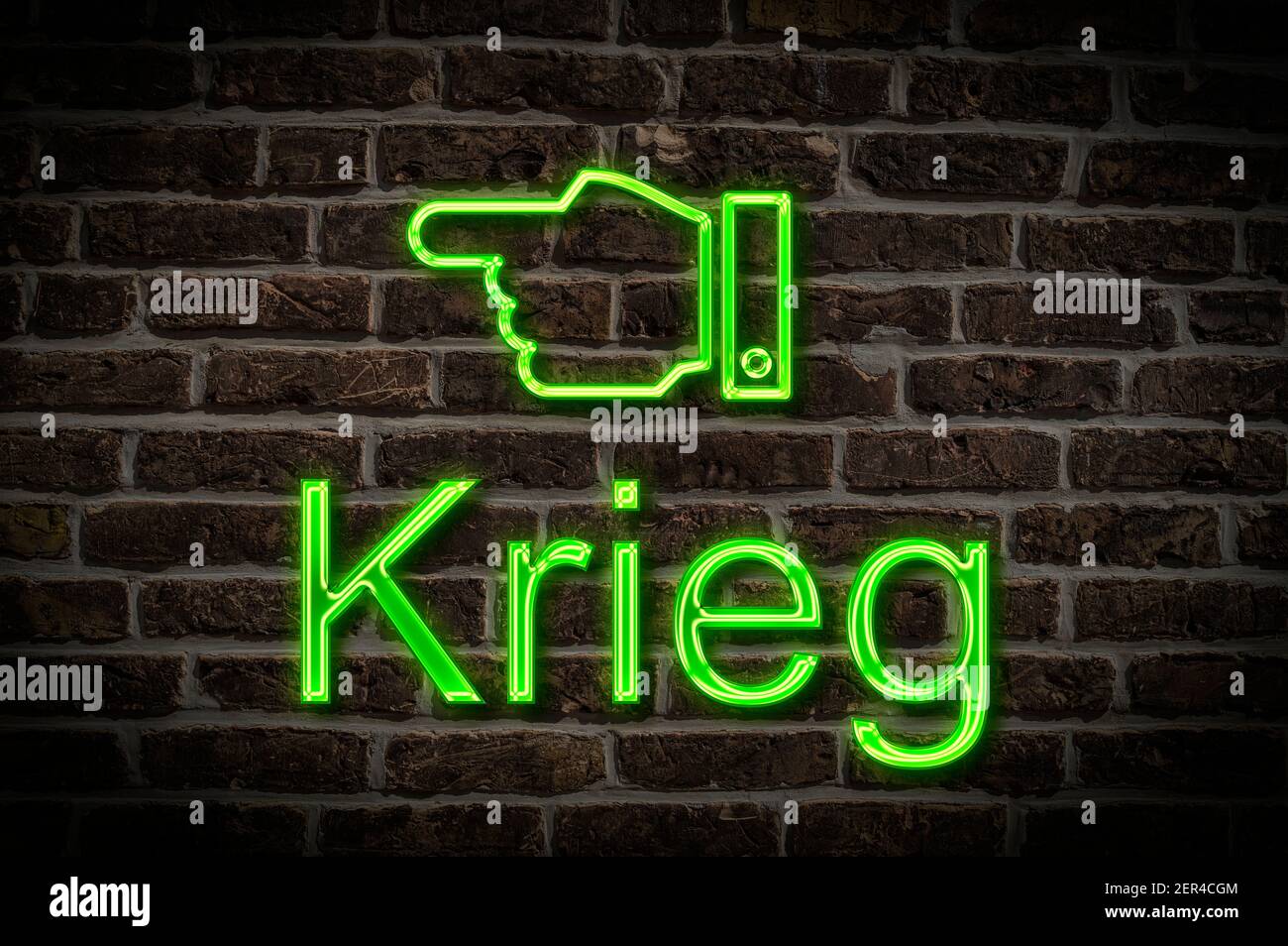 Foto di dettaglio di un cartello al neon su una parete con L'iscrizione Krieg (Guerra) Foto Stock