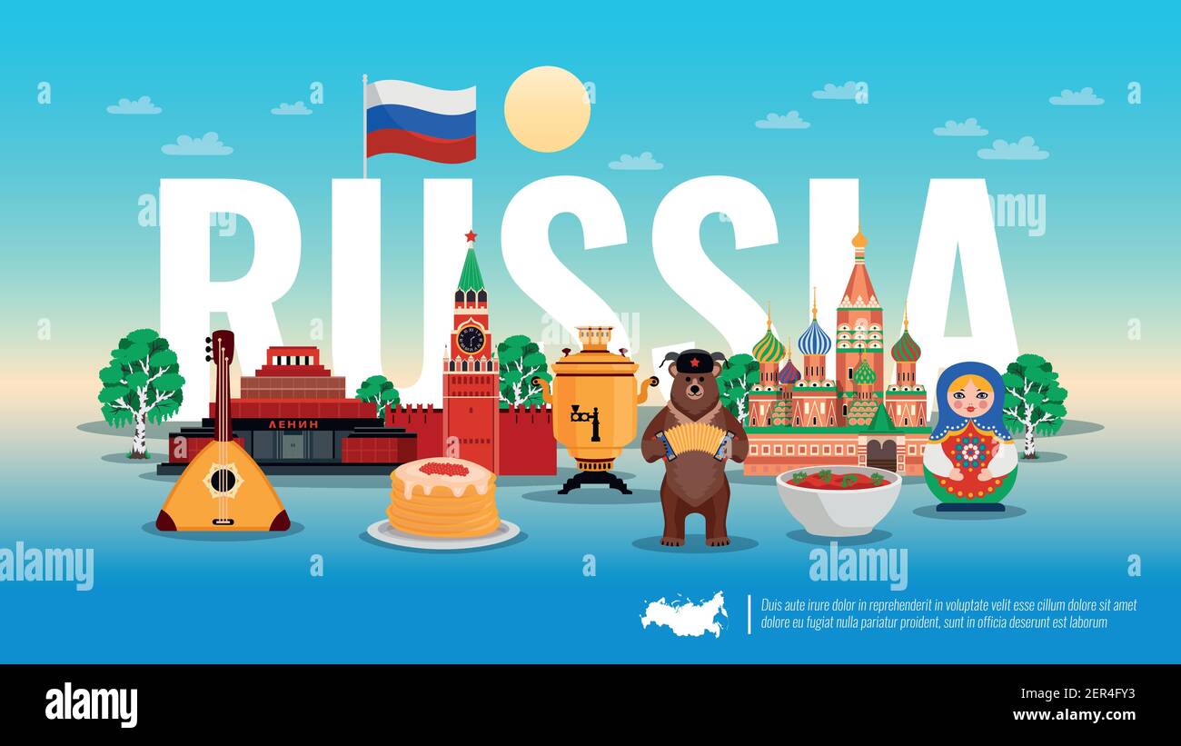 Russia Travel piatto composizione orizzontale con frittelle caviale orso borscht zuppa di barbabietole cremlino betulla albero illustrazione vettoriale Illustrazione Vettoriale