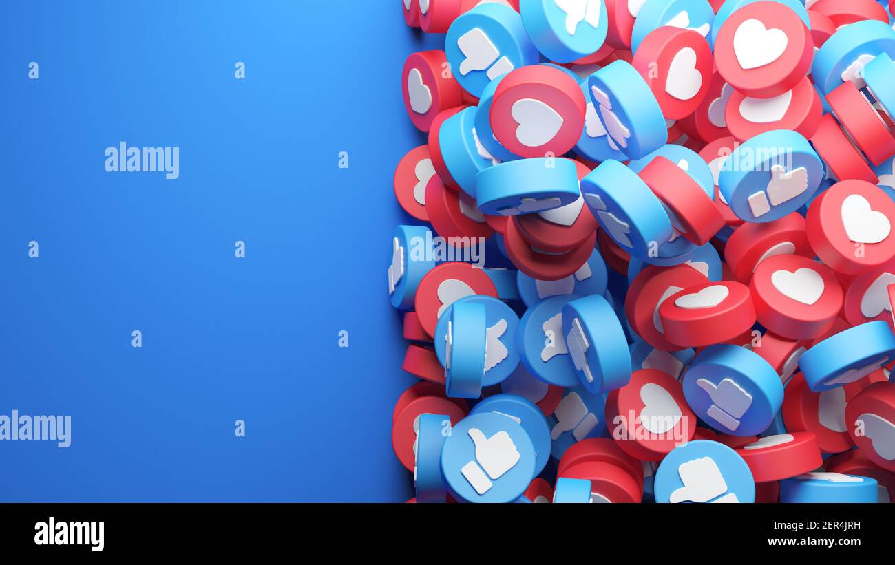 Modello di marketing per i social media con copyspace e un mucchio di pulsanti simili e d'amore che si trovano nel rendering 3D. Banner social network e pubblicità bac Foto Stock