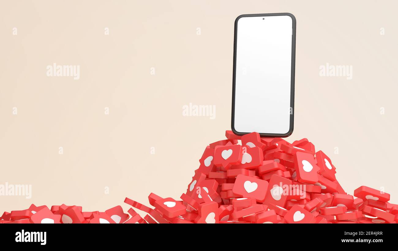 Il telefono cellulare mockup schermo vuoto con una montagna di social media come le notifiche in 3D rendering. Modello di social network marketing e pubblicità Foto Stock