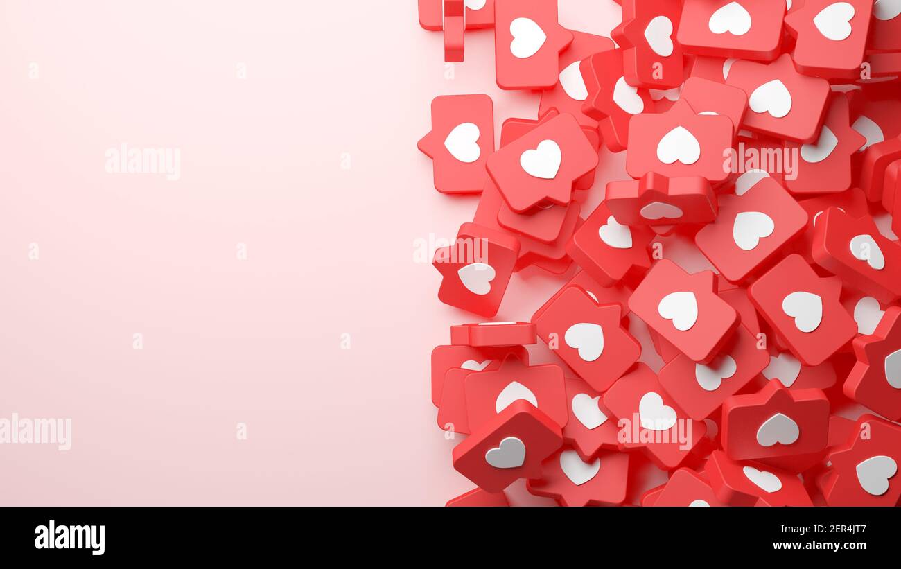 Modello di marketing per i social media con copyspace e un mucchio di notifiche simili che si trovano nel rendering 3D. Banner social network e backgr pubblicitari Foto Stock