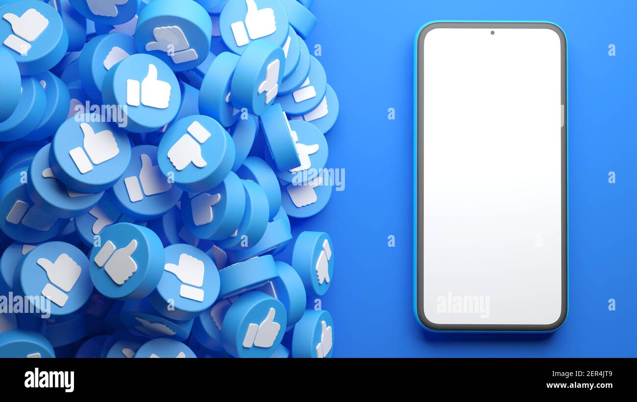 Il telefono cellulare mockup schermo vuoto con un mucchio di social media pollice su come su uno sfondo blu nel rendering 3D. Social network marketing e annunci pubblicitari Foto Stock