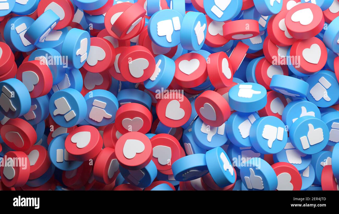 Vista dall'alto di un grande mucchio di social media come e pulsanti amore, Thumb Up per uno sfondo nel rendering 3D. . Banner e pubblicità sui social network Foto Stock