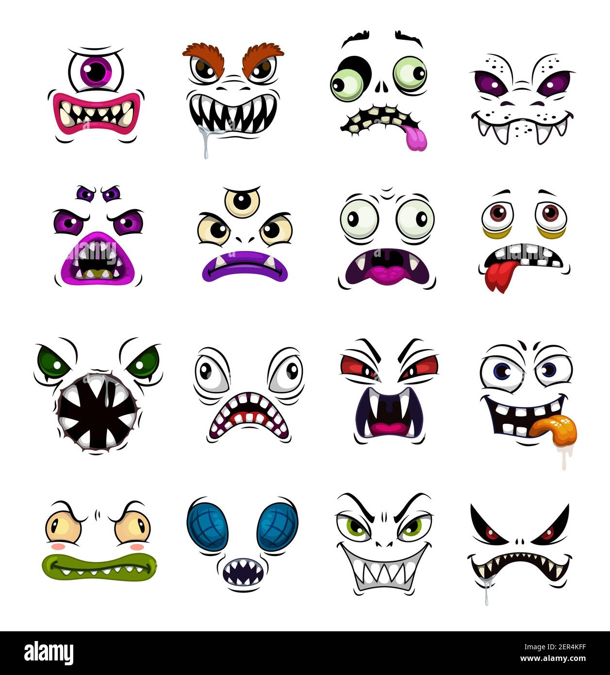 Mostro faccia divertente emoticon vettore cartoon. Horror emojis di Halloween zombie, demone o fantasma, diavolo, vampiro o bestia con diverse emozioni, spaventoso Illustrazione Vettoriale