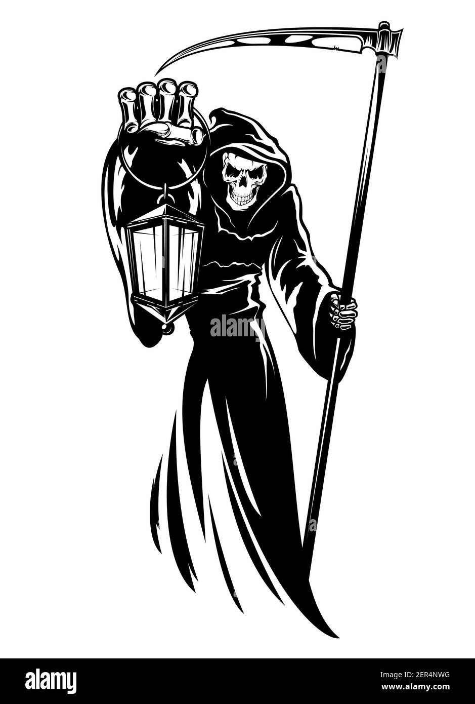 Reaper con falce e lanterna. Morte grim indossando clamidia nera con cappuccio. Personaggio scheletro in cape per Halloween, simbolo di religione, disegno tatuaggio Illustrazione Vettoriale