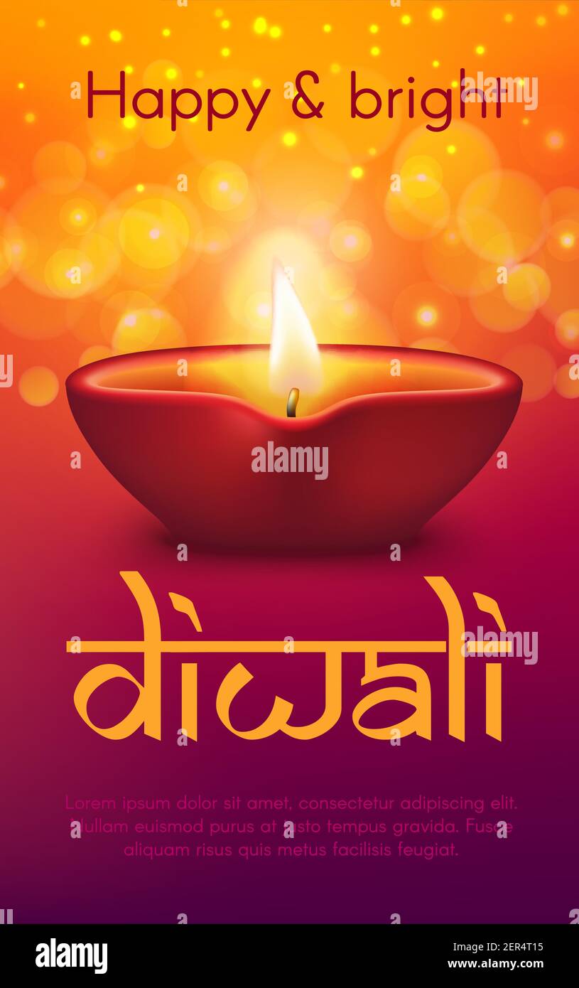 Diwali o Deepavali lampada indiana di diya di festa. Vector Hindu religione Light Festival biglietto d'auguri con lampada a olio o lanterna a candela con fiamma fuoco bruciante Illustrazione Vettoriale