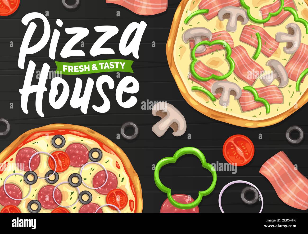 Pizza e pizzeria, ristorante italiano o menù fast food, poster vettoriale. Fast food pizza house consegna e food Court pizzaiolo italiano menu gourmet f Illustrazione Vettoriale