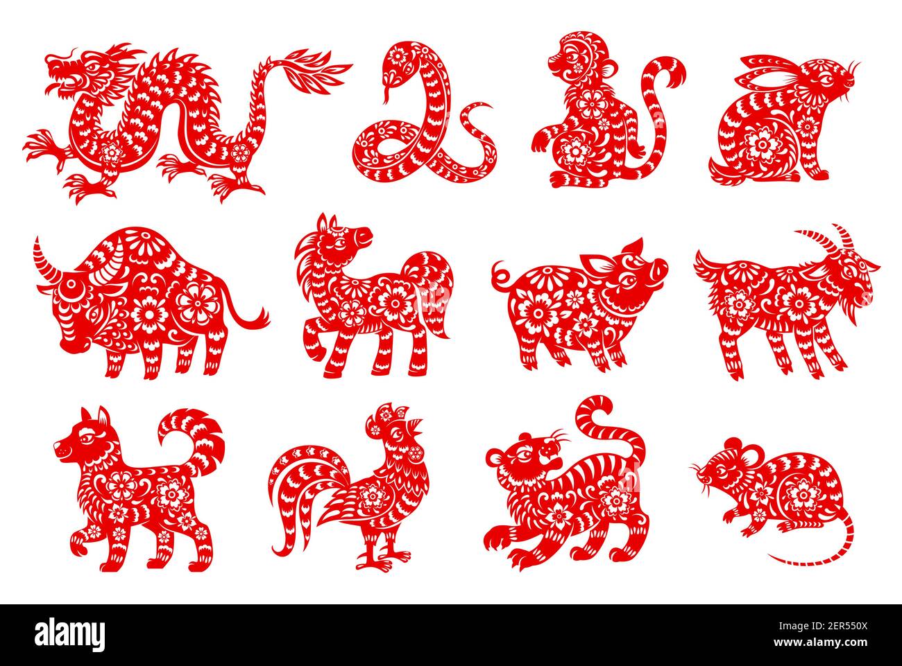 Oroscopo cinese icone animali isolati con carta rossa taglio zodiaco  simboli di Lunar Capodanno. Vettore di ratto, topo, maiale e cane, drago,  tigre e scimmia Immagine e Vettoriale - Alamy
