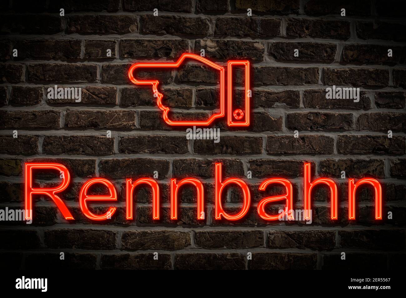 Foto di dettaglio di un cartello al neon su una parete con L'iscrizione Rennbahn (Racetrack) Foto Stock