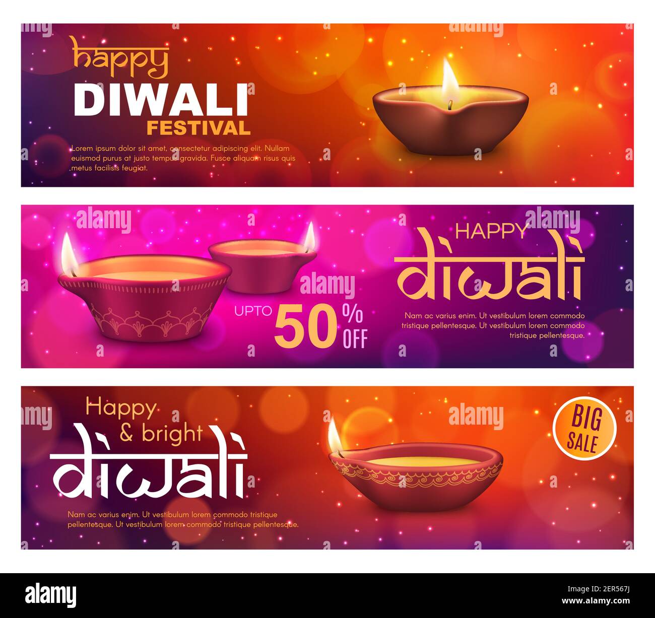 Diwali vendita banner vettoriali offerta con lampade diya festa luce indiano Deepavali. Hindu religione sconto vacanze prezzo shopping carte e volantini con Illustrazione Vettoriale