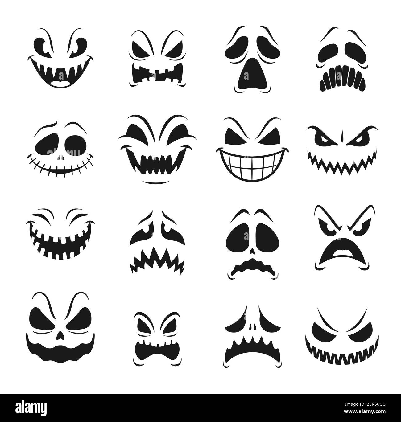 Il mostro affronta il vettore insieme delle emoticon horror di Halloween. Spaventoso emoji di zombie arrabbiato, diavolo e demone, fantasma, vampiro e alieno, creatina spooky Illustrazione Vettoriale