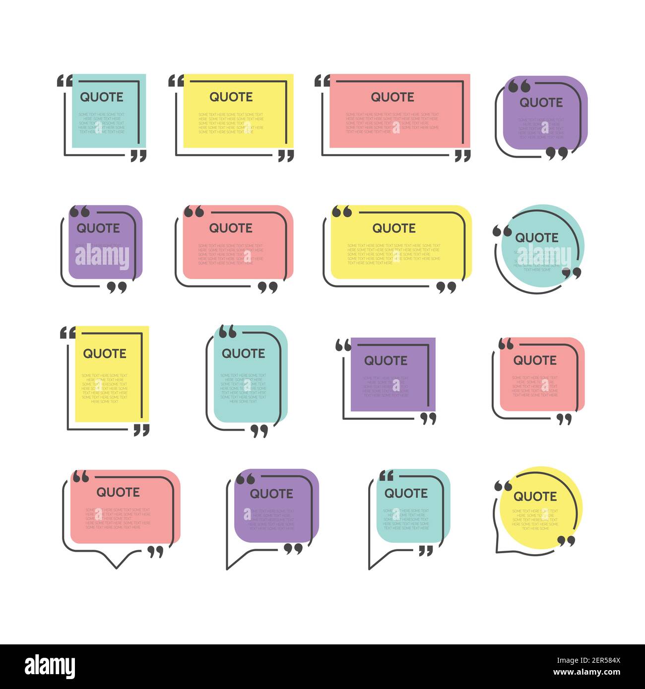 Set vettoriale colorato modello cornice preventivo. Bolla vocale o casella di testo con virgolette, casella delle virgolette. Illustrazione Vettoriale