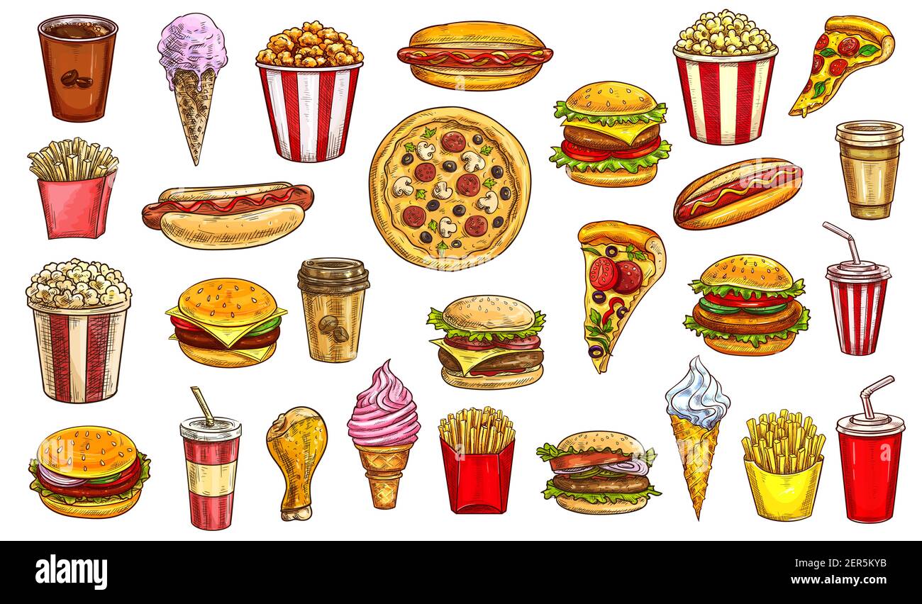 Schizza i pasti di fast food icone vettoriali isolate caffè, cola e popcorn con hot dog. Pizza, cheeseburger e gelato nel cono di waffle, coscia di pollo, fre Illustrazione Vettoriale