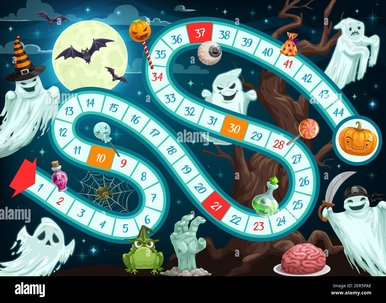 Halloween gioco da tavolo per bambini modello vettoriale della mappa con percorso, inizio, fine e passi numerati. Gioco di strategia labirinto o puzzle da tavolo con carto Illustrazione Vettoriale