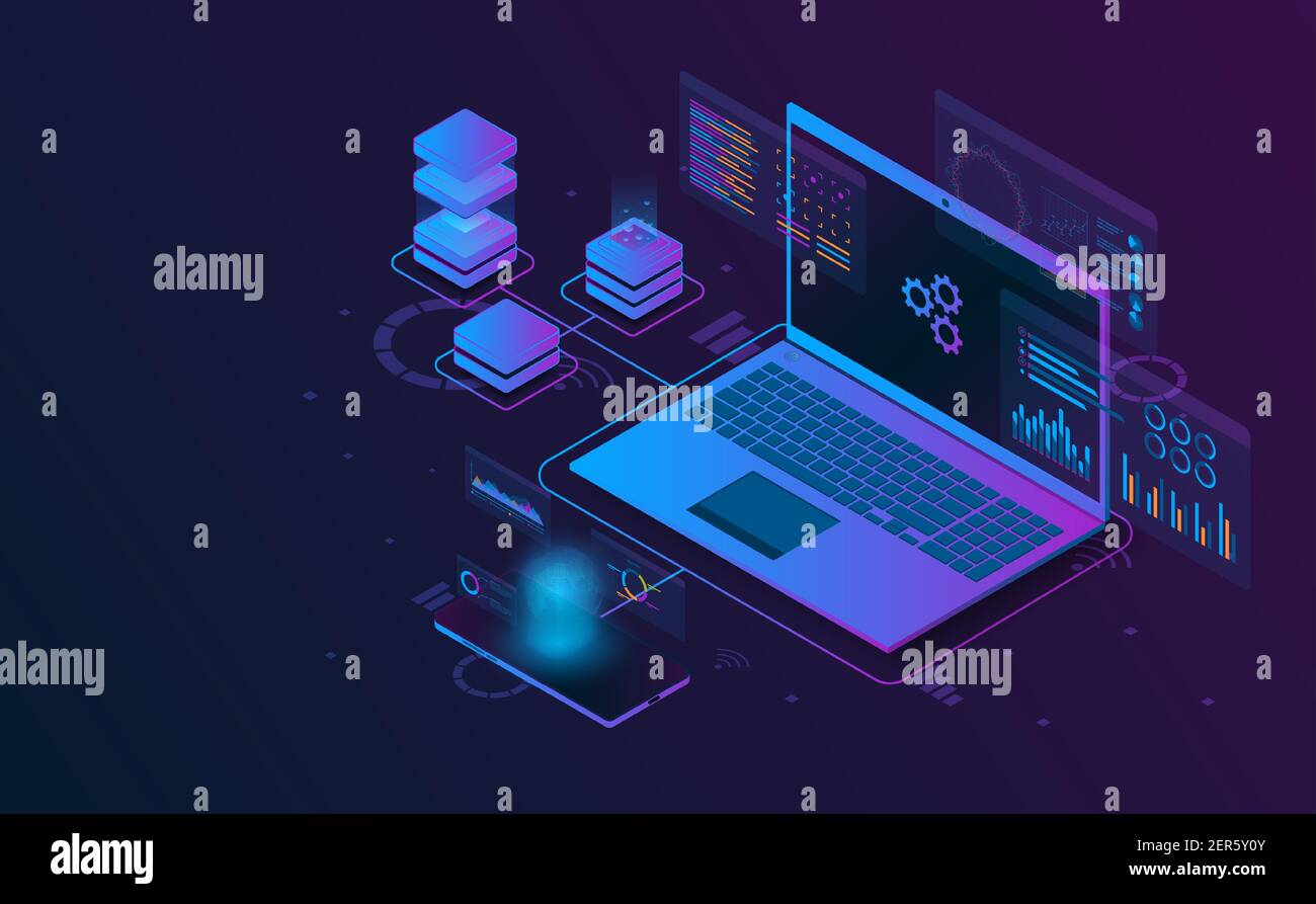 Le informazioni di analisi isometriche del laptop si connettono con smartphone e server.futuristico concept.vettoriale e l'illsutrazione Illustrazione Vettoriale