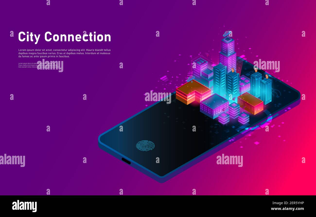 Connessione Isometrica smart city in smartphone lanescape.futuristico concept.vettoriale e illsutrazione Illustrazione Vettoriale