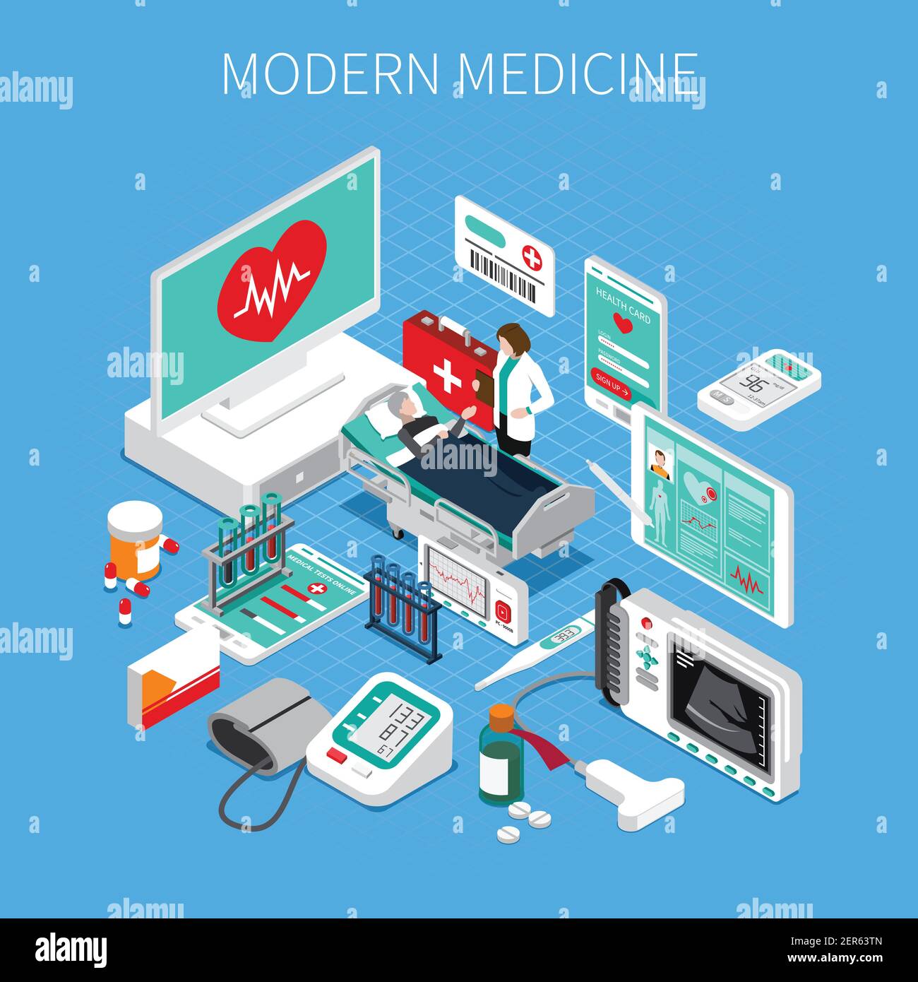 Moderna composizione isometrica su sfondo blu con medico e paziente, dispositivi medici e farmaci vettoriali illustrazione Illustrazione Vettoriale
