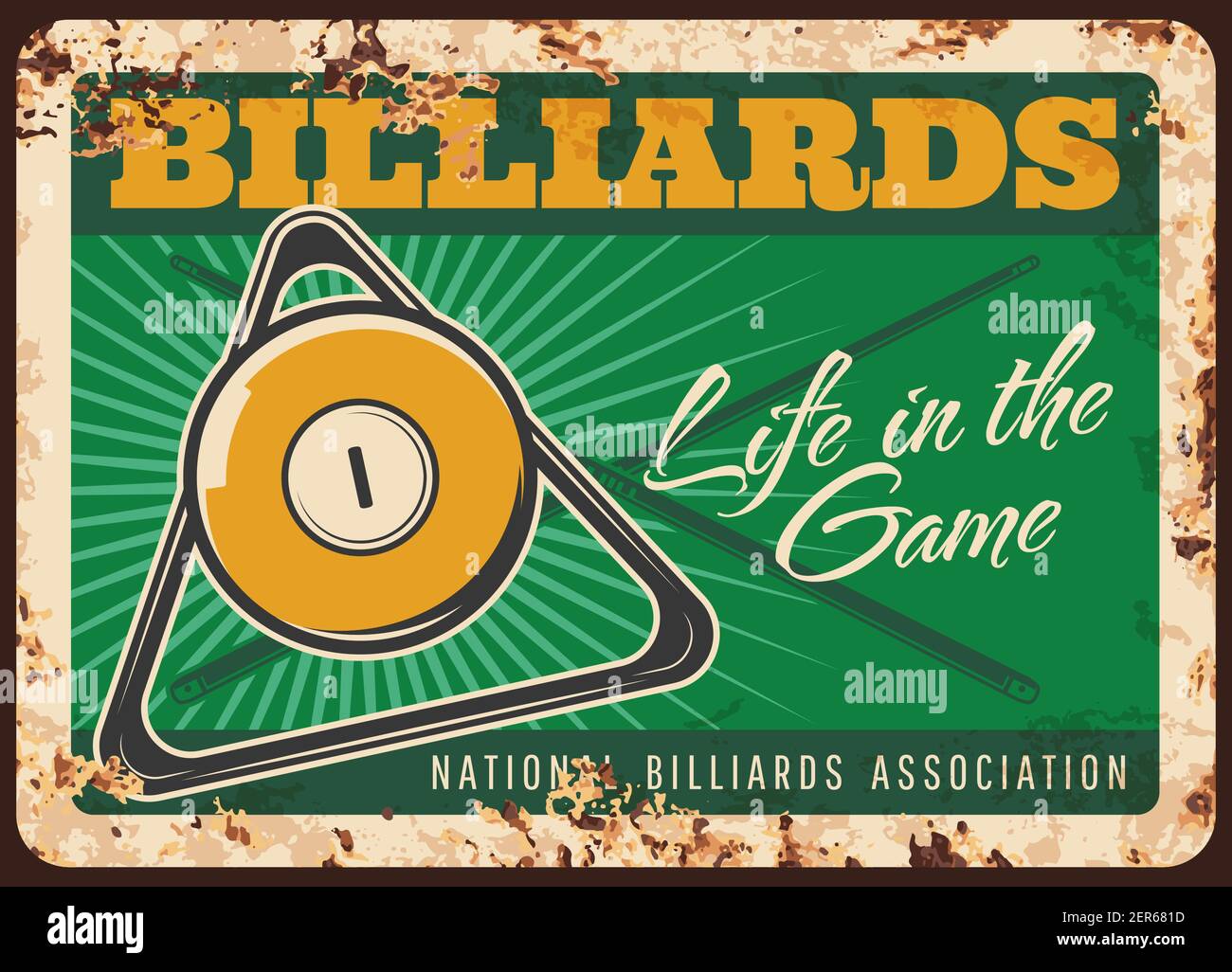 Biliardo gioco arrugginito piatto di metallo, palla vettoriale, rack triangolo e cues incrociati su sfondo verde tavola vintage. Pool club sport associazione ruggine stagno Illustrazione Vettoriale