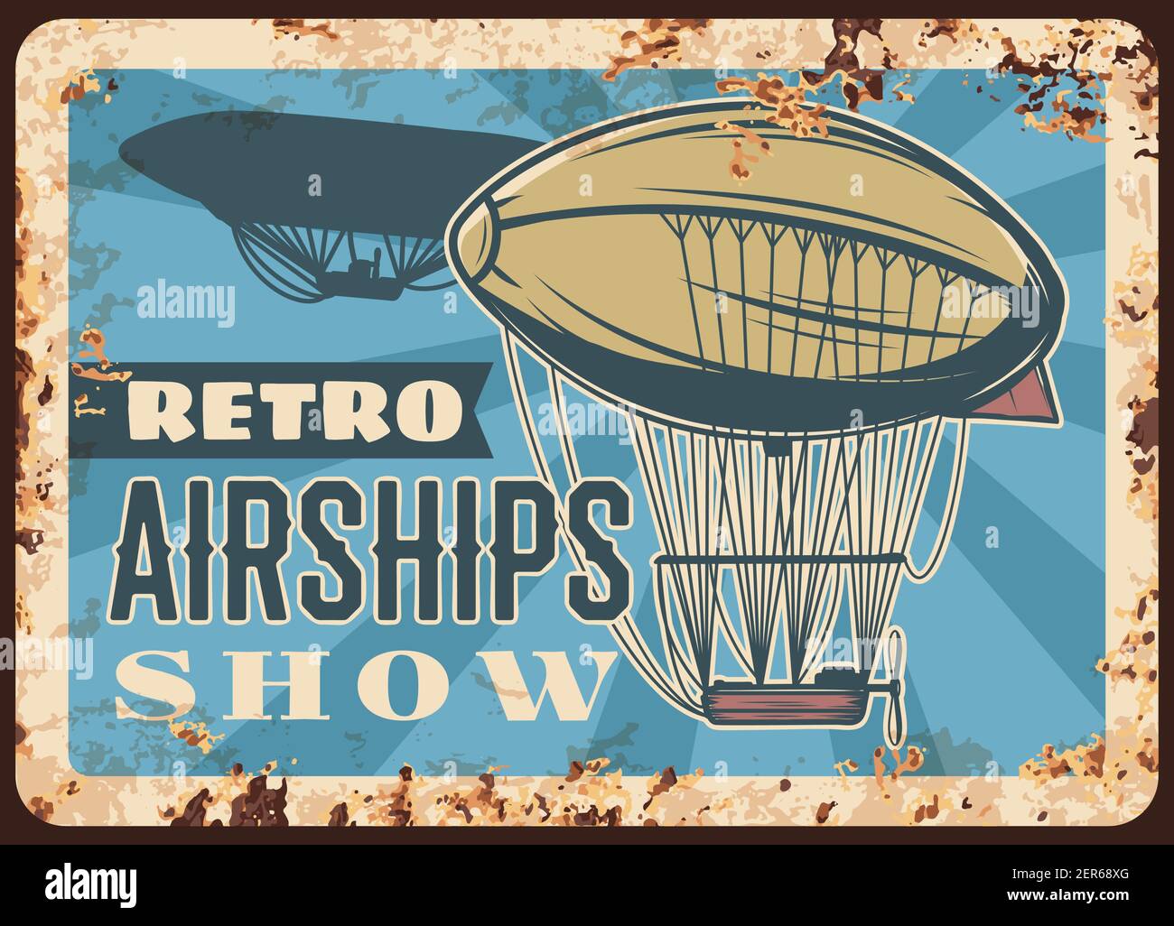 Le navi d'aria retrò mostrano un piatto arrugginito, i dirigibles vettoriali che volano in cielo. Cartello in stagno ruggine vintage con Air zeppelin con palloncino, cabina e elica. Hist Illustrazione Vettoriale