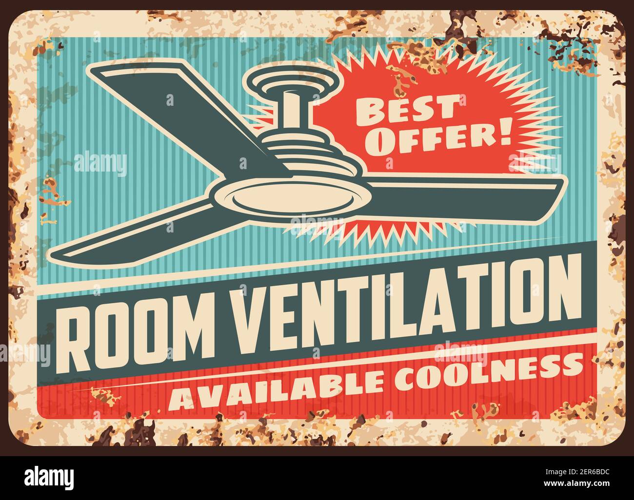 Ventilazione ambiente arrugginita piastra in metallo con ventilatore da soffitto vettoriale. Cartello promozionale vintage in stagno ruggine per il negozio di elettrodomestici, aria condizionata migliore off Illustrazione Vettoriale