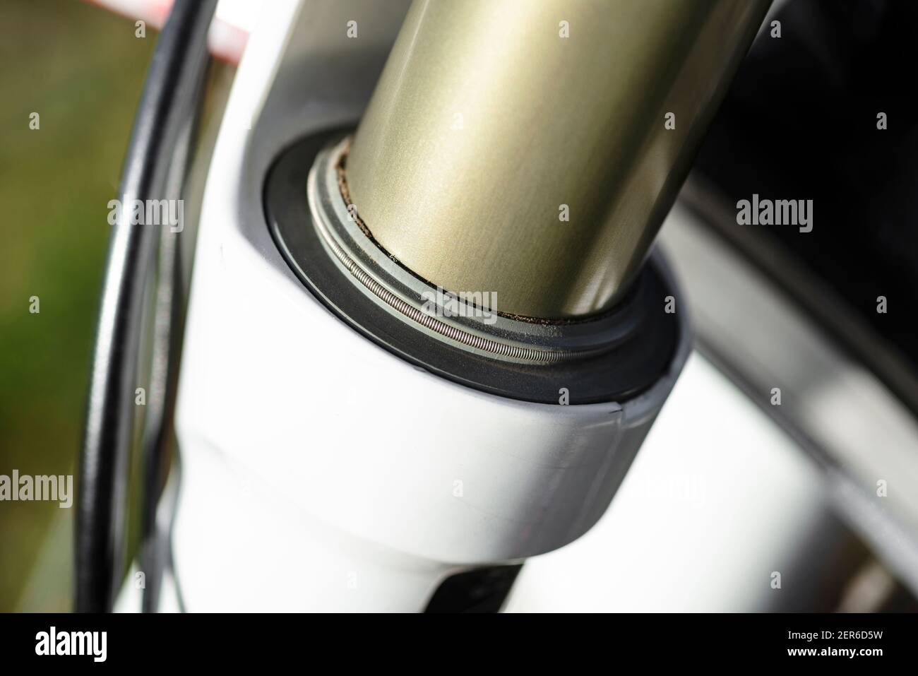 Macrofotografia di una forcella anteriore con sospensioni pneumatiche e olio per mountain bike, guarnizione visibile e molla. Foto Stock