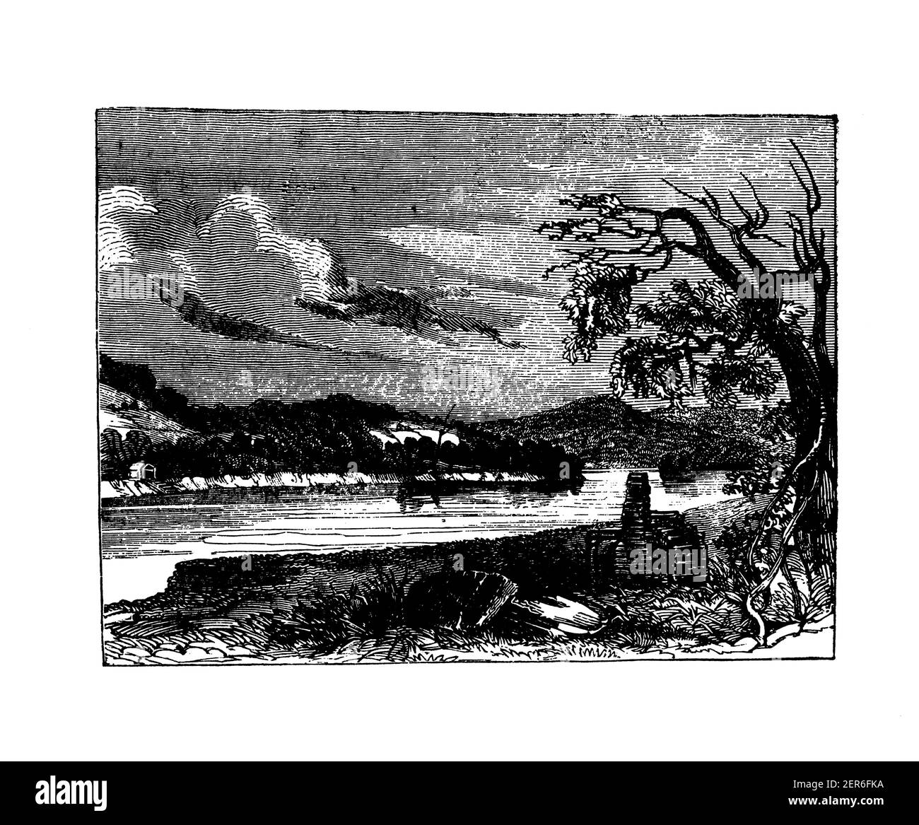 Incisione antica del campo di battaglia della Monongahela. La battaglia della Monongahela fu combattuta il 9 luglio 1755, all'inizio dei francesi e. Foto Stock