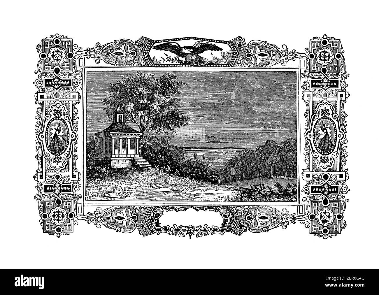 Incisione antica che mostra la casa estiva di George Washington a Mount Vernon, Virginia. Illustrazione pubblicata nella vita pittorica di General Washingt Foto Stock