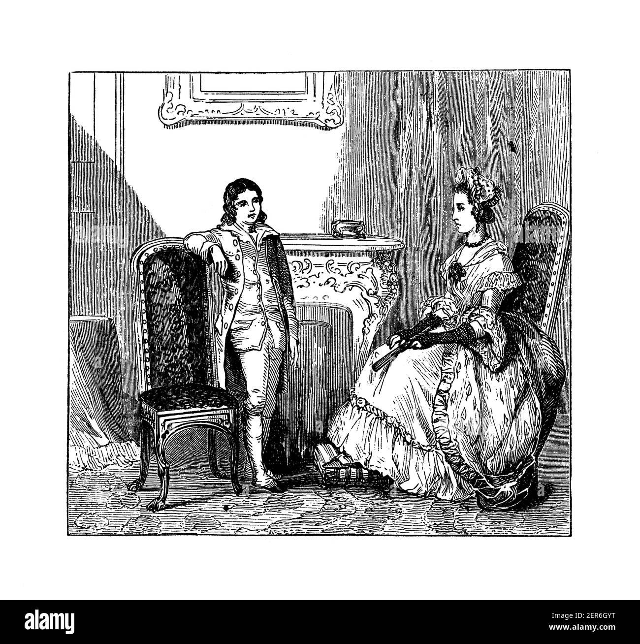 Illustrazione del XIX secolo di George Washington che rinquisisce i suoi piani di entrare nella marina. Washington è stato il primo presidente degli Stati Uniti o Foto Stock