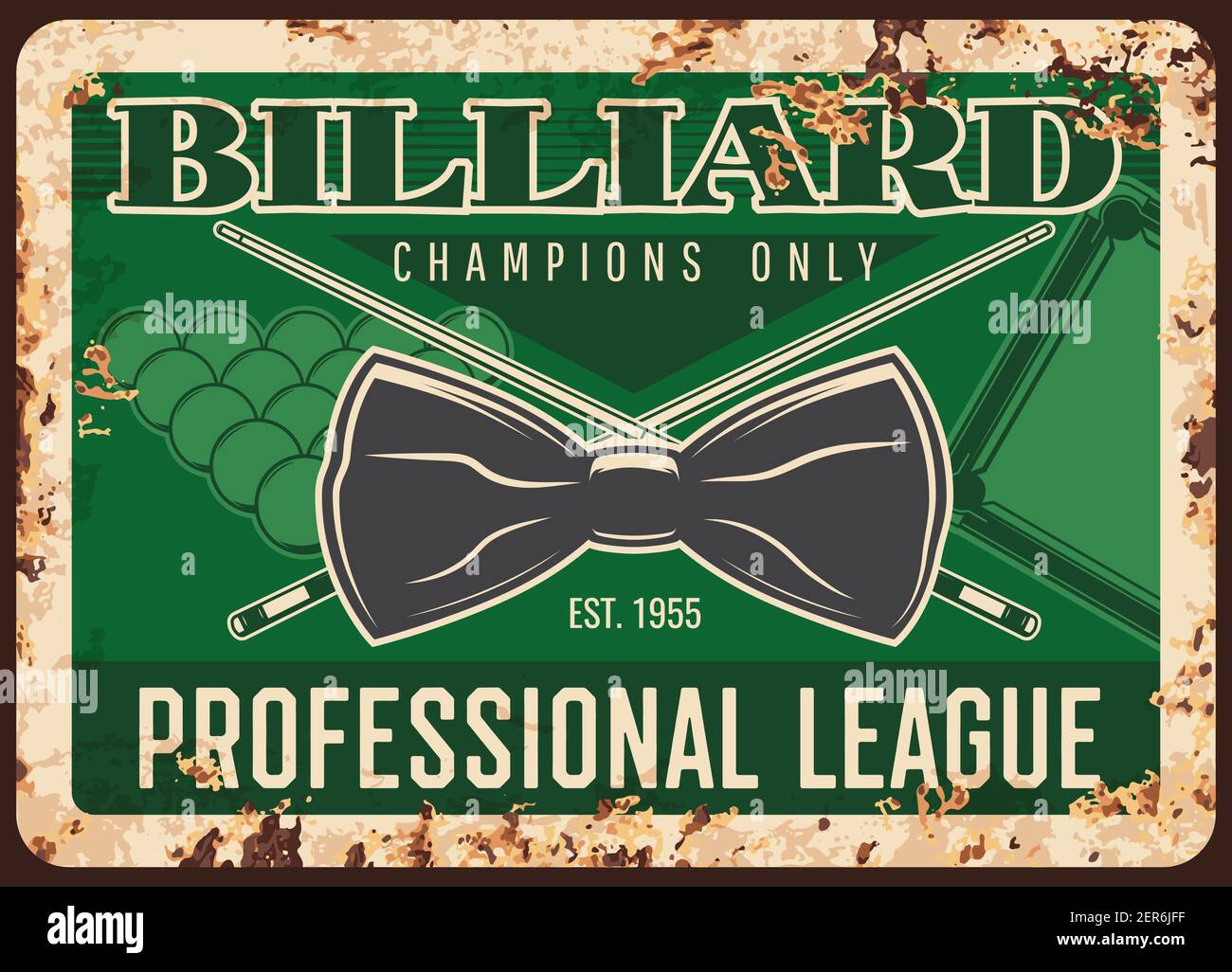 Gioco di biliardo campionato professionale arrugginito metallo piatto, vettore cravatta collo, palle e spunti su sfondo verde vintage. Champions club ricreazione ruggine stagno s Illustrazione Vettoriale