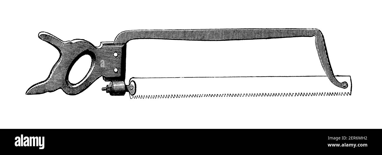 Antica illustrazione di una sega a mano di macellaio. Pubblicato in le livre de cuisine, par Jules Goufe, Librarie Hachette et Cie (Parigi, 1874). Foto Stock