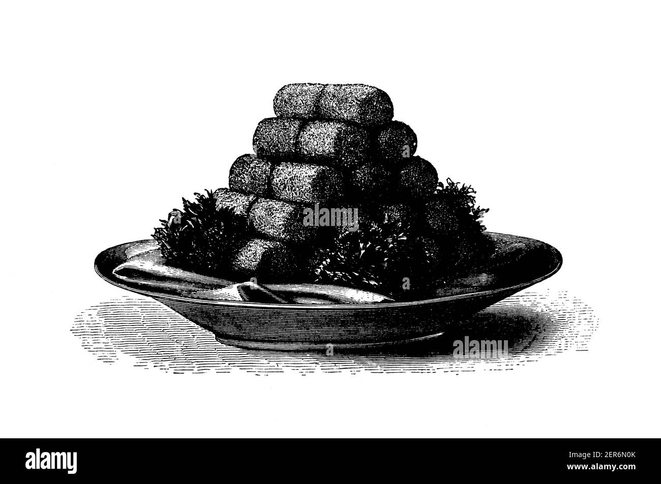 Antica illustrazione di crocchette. Pubblicato in le livre de cuisine, par Jules Goufe, Librarie Hachette et Cie (Parigi, 1874). Foto Stock