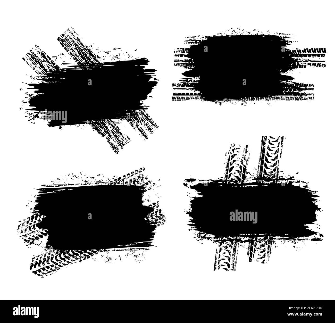 Lo pneumatico stampa macchie nere, tracce di pneumatici per auto, segni vettoriali sporchi grunge. Le ruote dei veicoli fuoristrada tracciano con macchie sporche astratte. Traccia pennello monocromatico Illustrazione Vettoriale