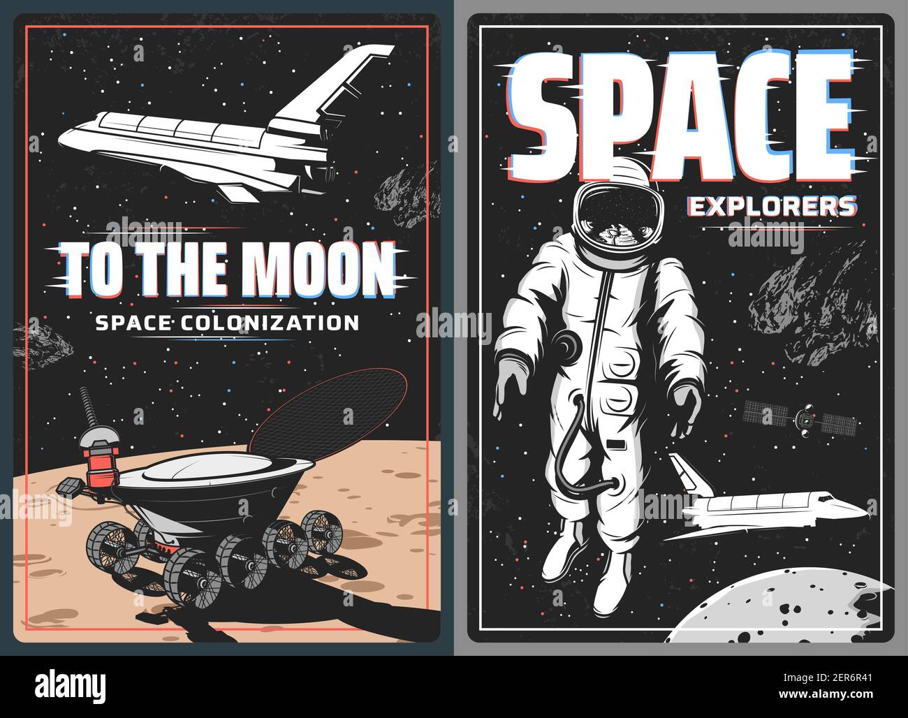 Poster vettoriali retrò per astronauta spaziale, astronave e pianeta lunare con effetto glitch. Universe galassia razzo, spaceman, shuttle e satellite, Lunar rov Illustrazione Vettoriale