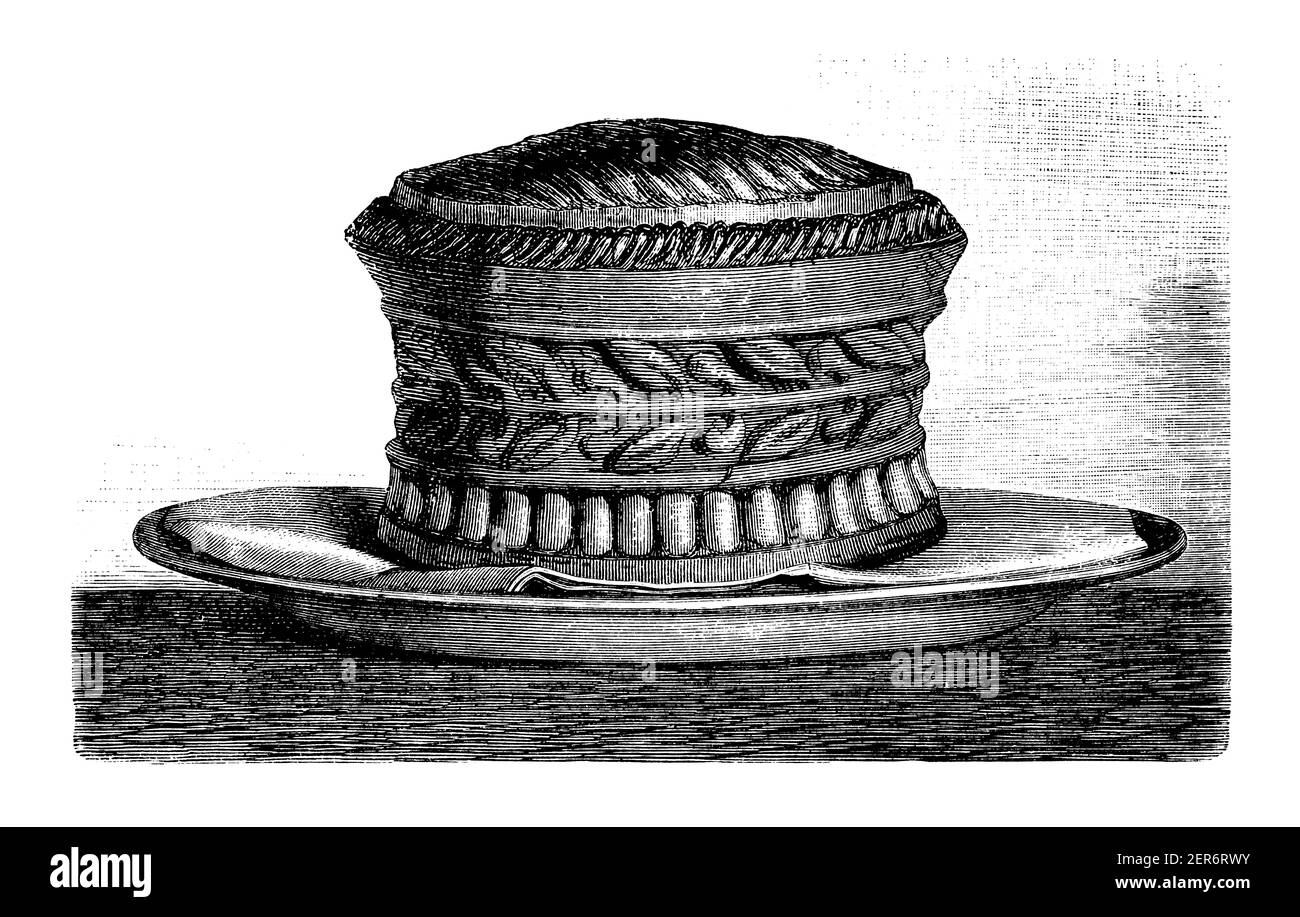 Antica illustrazione di pate en croute - miscela di forcemeat cotto come una torta. Pubblicato in le livre de cuisine, par Jules Goufe, Librarie Hachette et Cie Foto Stock