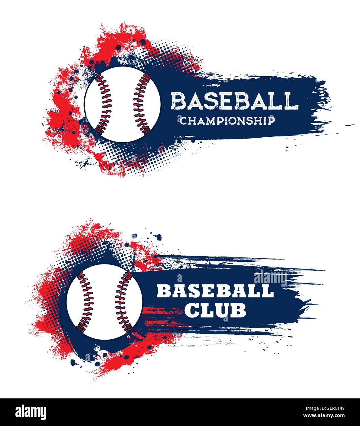 Banner vettoriali per squadre di basket e campionati sportivi di calcio e squadre di campionato. Gioco di baseball e fan club emblema su blu e rosso halftone vernice splas Illustrazione Vettoriale