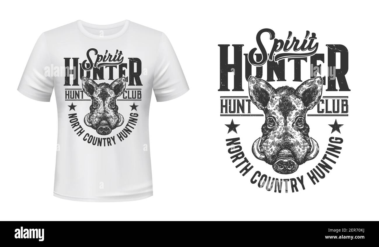 Boar Hunt club t-shirt stampa mockup, caccia animali selvatici, emblema vettore. Cinghiale arpione o testa di muso del cinghiale, slogan di caccia del North Country, club Illustrazione Vettoriale