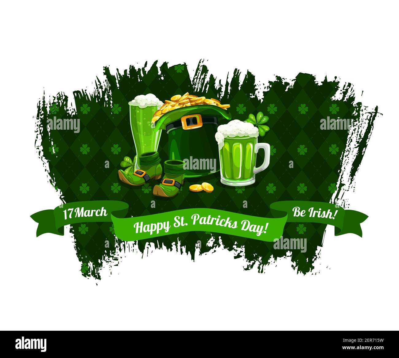 Poster vettoriale di St. Patrick Day con sciamrocce, monete d'oro in cappello, pinta di birra irlandese o birra. Scarpe Leprechaun, nastro verde su tartan gru Illustrazione Vettoriale