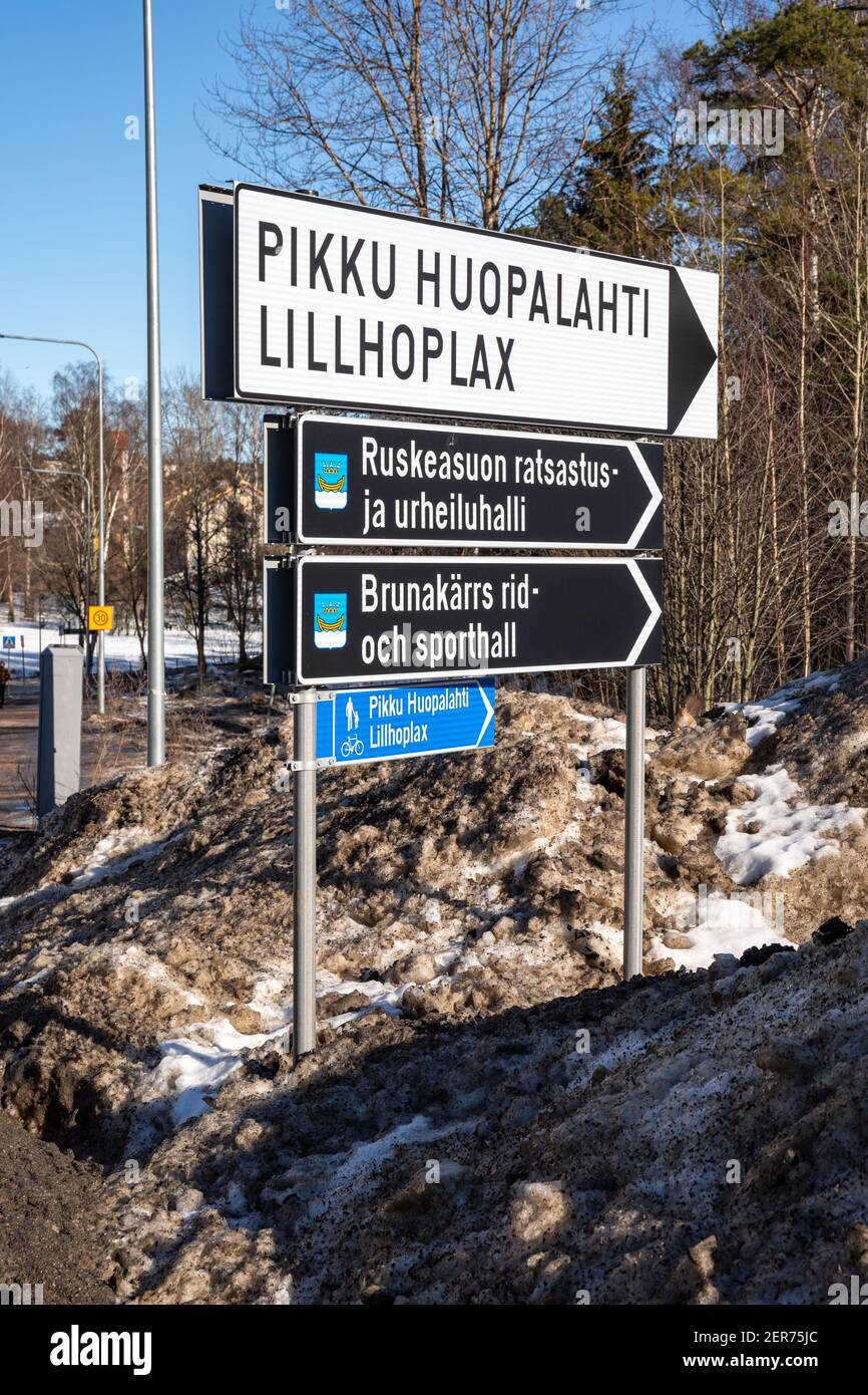 Indicazioni per Pikku Huopalahti a Helsinki, Finlandia Foto Stock