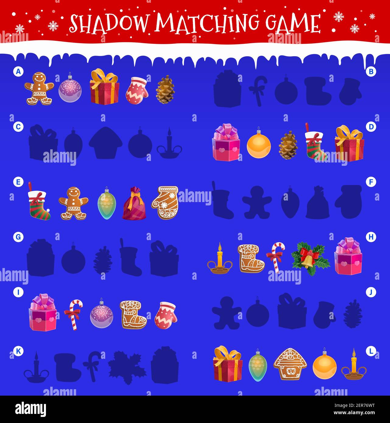 Giochi di corrispondenza ombra bambini con oggetti di Natale. I bambini si intralcano o si intralcano con l'attività di abbinamento. Biscotti di pan di zenzero, baubles ornamenti dell'albero di Natale, g Illustrazione Vettoriale