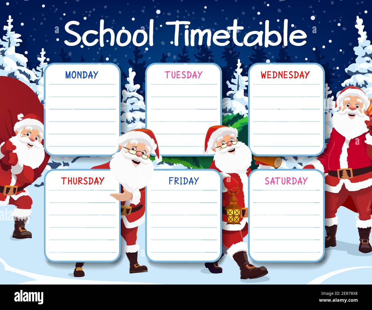 Modello di orario scolastico con il personaggio di Babbo Natale. Santa felice o san Nicola che porta grande sacco pieno di doni, andando in foresta per Natale tre Illustrazione Vettoriale