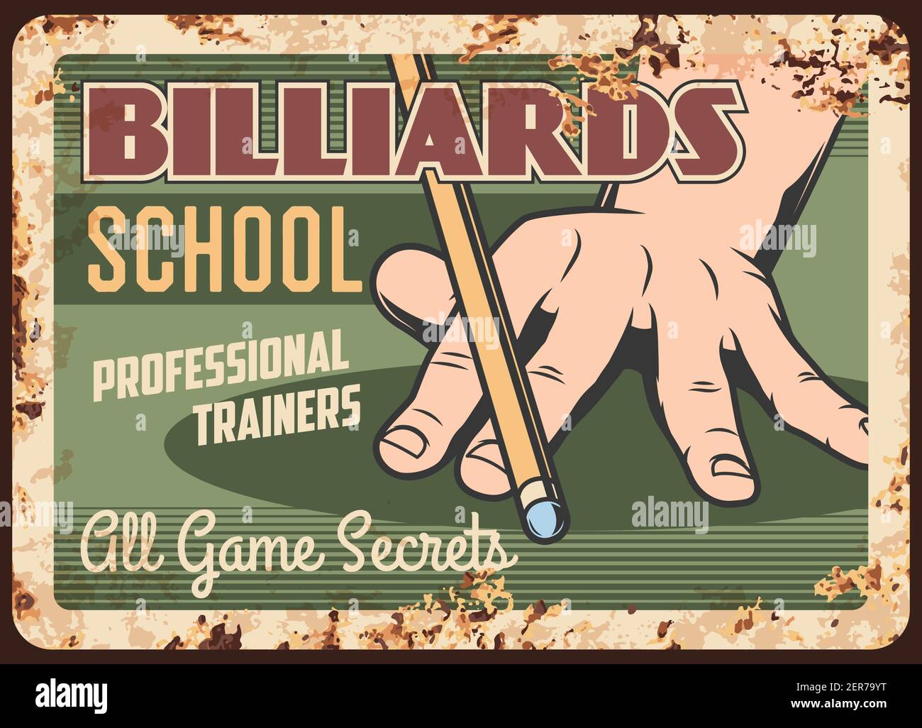 Biliardo scuola di metallo arrugginito piatto, biliardo snooker gioco, vettore retro poster. Classico biliardo russo e biliardo sport e allenamento, po Illustrazione Vettoriale