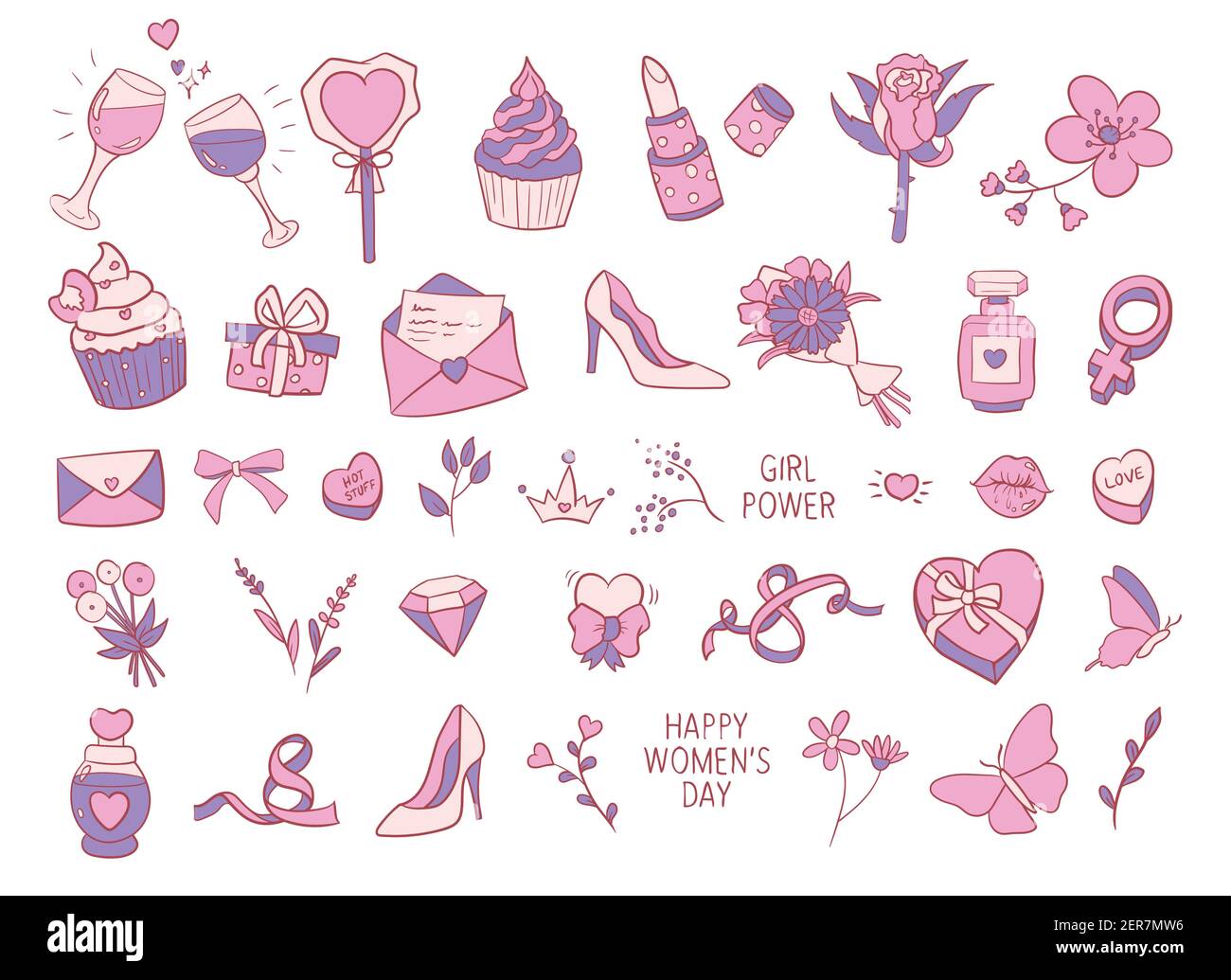 8 marzo, set internazionale di illustrazioni vettoriali a tema per il giorno della donna, collezione di disegni ed elementi di clip art disegnati a mano. Illustrazione Vettoriale