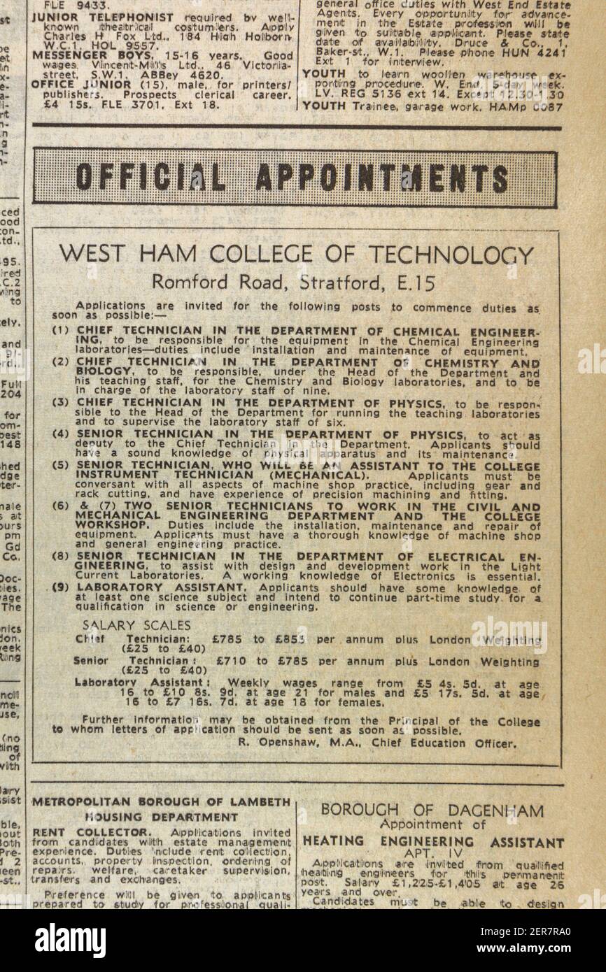 Annuncio per Appuntamenti ufficiali (West Ham College of Technology) nel quotidiano serale (giovedì 13 giugno 1963), Londra, Regno Unito. Foto Stock
