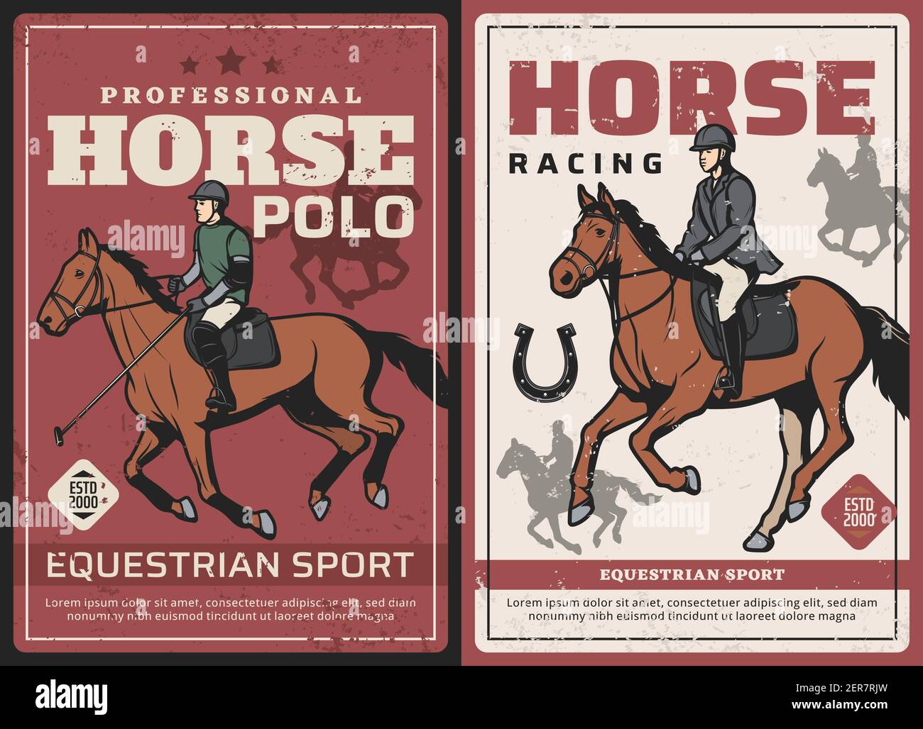 Poster retrò per corse di cavalli e polo sportive. Polo giocatore con  mallet, cavaliere o fantino in abbigliamento da corsa equitazione stalloni  vettore. sport equestre clu Immagine e Vettoriale - Alamy