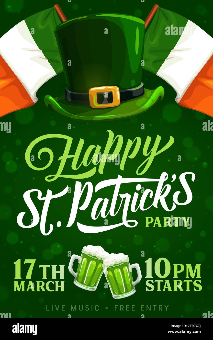Poster di invito per il giorno di San Patrizio con bandiere irlandesi,  cappello leprechaun con fibbia dorata e tazze di pinta di ale. Buon giorno  a San Patrizio, bar An Immagine e