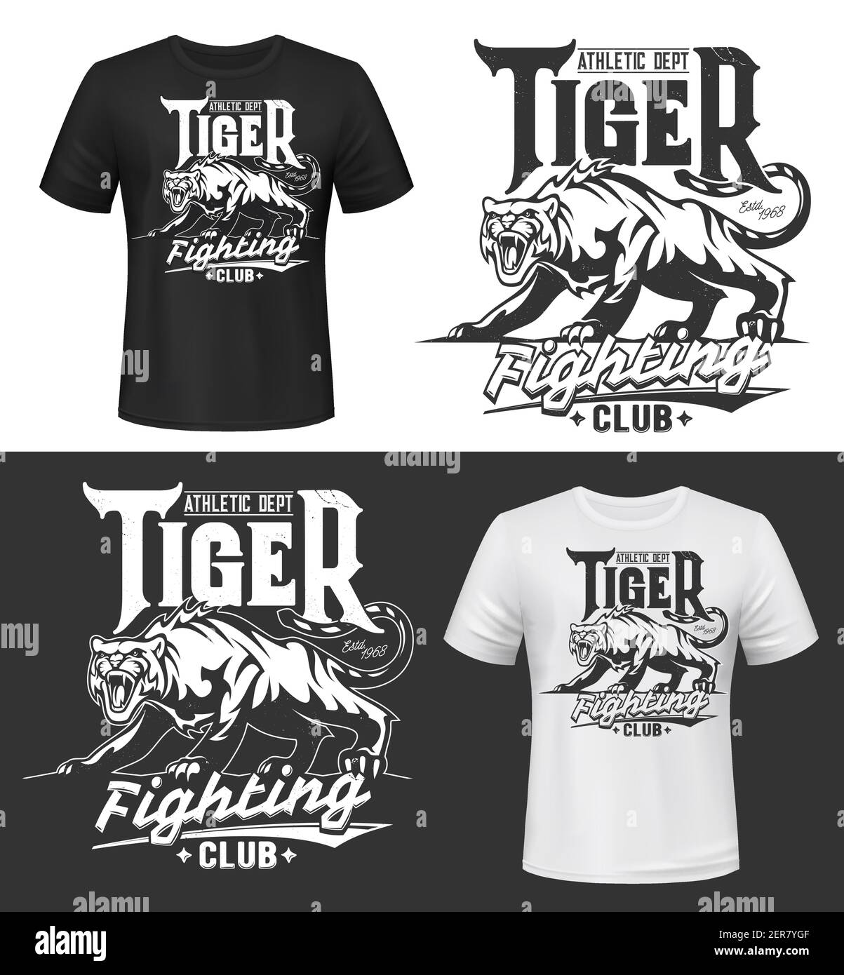 TShirt stampa con tigre, animale selvatico ruggito, mascotte vettore club di combattimento. Simbolo della squadra sportiva. Tigre grinning, gatto selvatico accovacciato basso sui suoi fiocchi. T Illustrazione Vettoriale