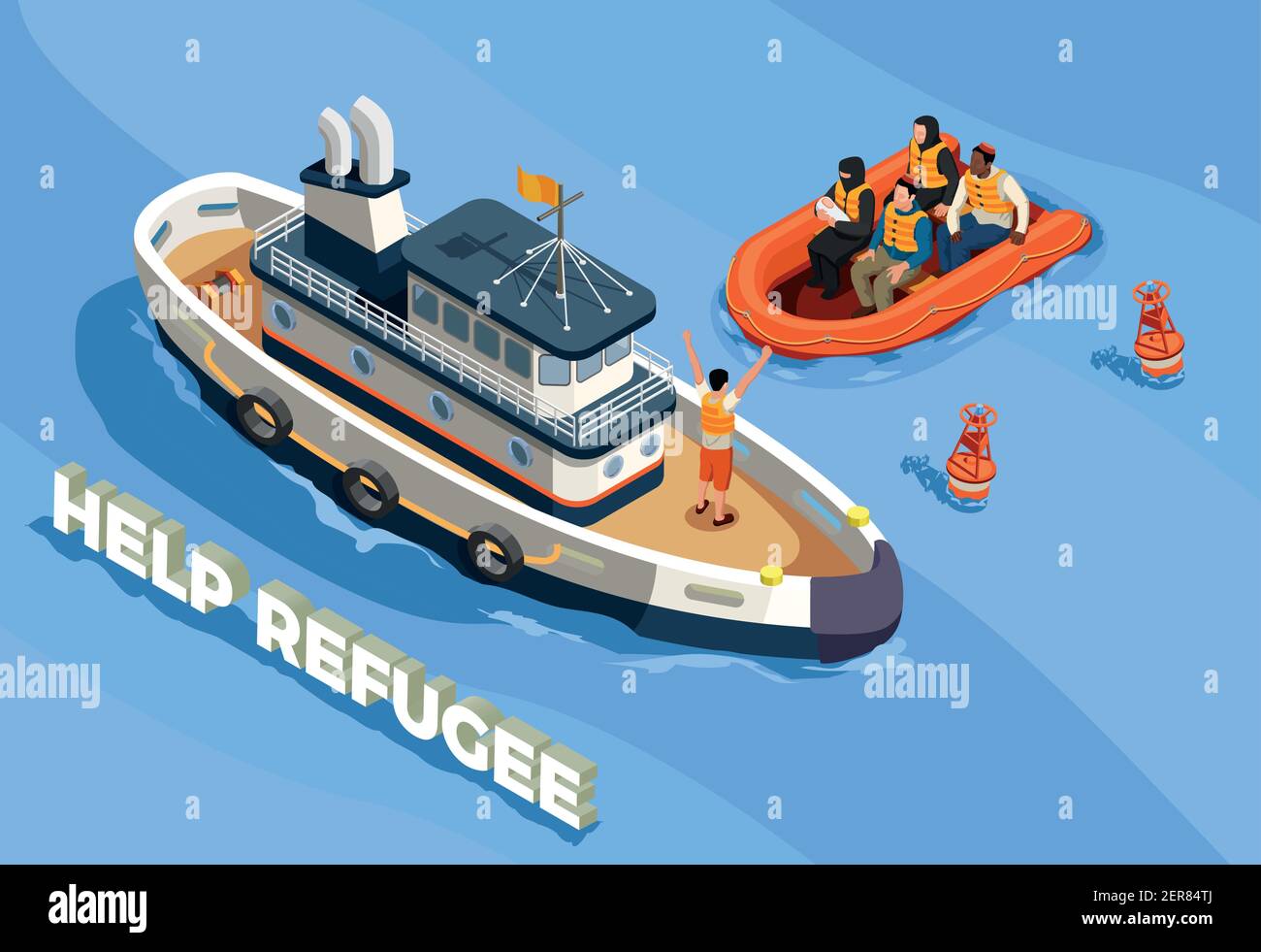Rifugiati apolidi icone asilo composizione isometrica con testo paesaggio marino e spedire con i rifugiati immigrati illustrazione vettoriale Illustrazione Vettoriale